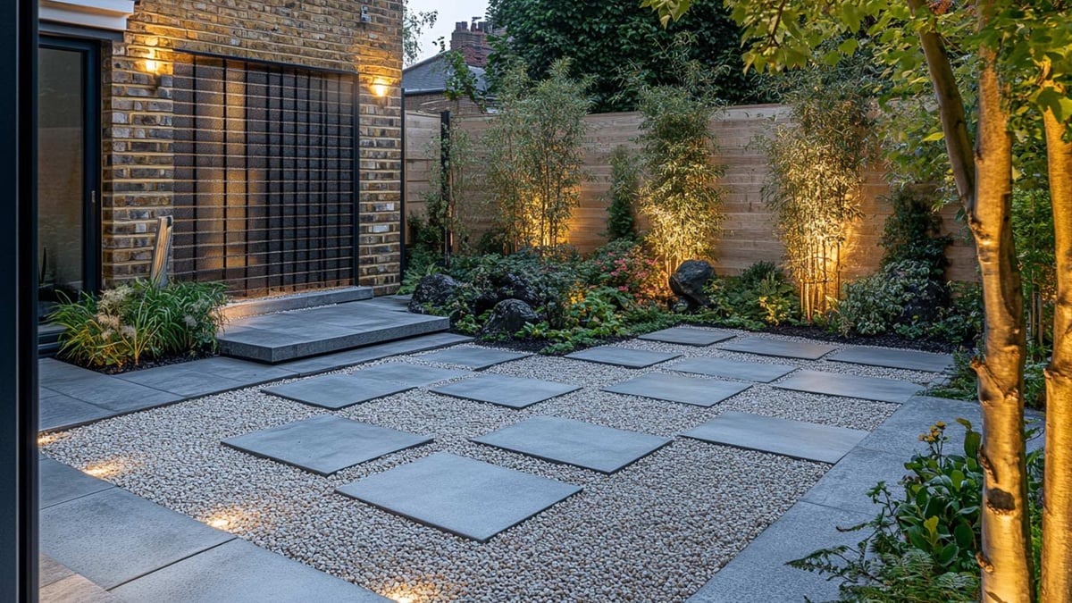 Modern courtyard with geometric paving, uplighting on trees, brick wall, and contemporary building entrance at night