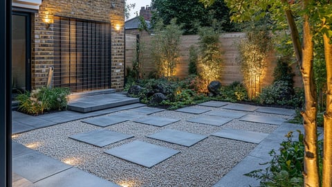 Modern courtyard with geometric paving, uplighting on trees, brick wall, and contemporary building entrance at night