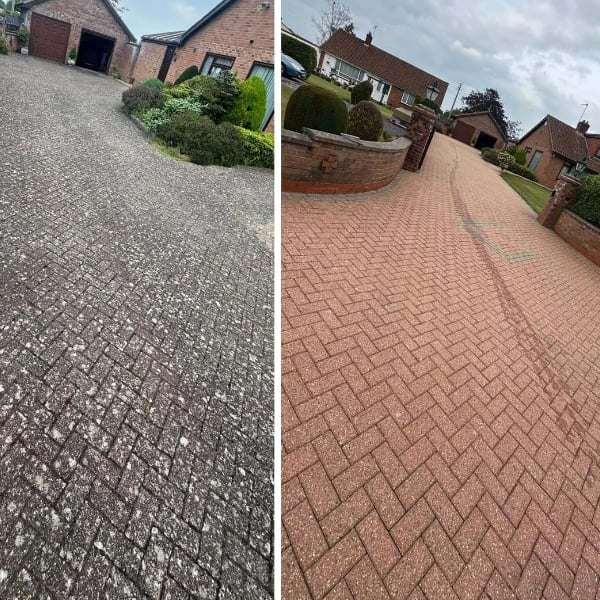 Before and after comparison of driveway cleaning and restoration, showing grey weathered paving stones on left and clean red-brown bricks on right