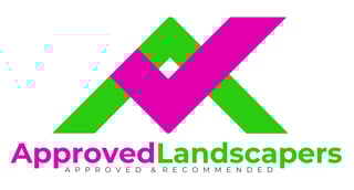 Approved Landscapers logo featuring a checkmark in pink and green, with text reading Approved & Recommended