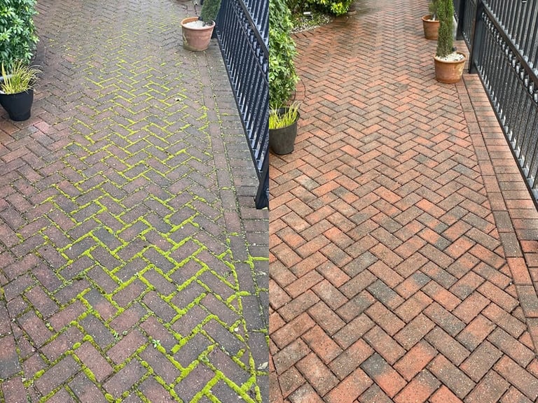 Before and after comparison of a brick patio, with moss and algae growth on left side and clean surface on right side