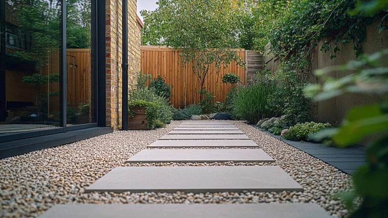 Modern patio with stepping stone pathway through gravel, wooden fence, and lush green plants lining both sides