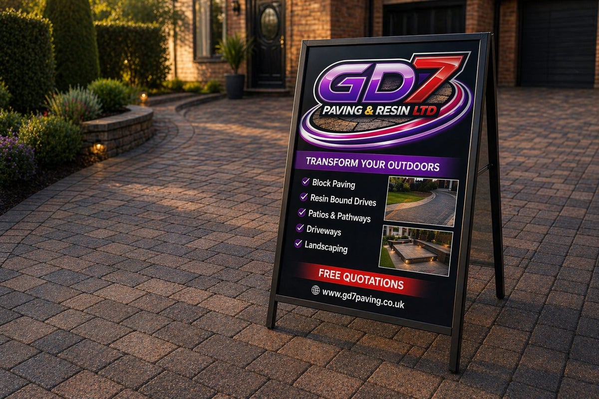 GDZ Paving and Resin Ltd A-frame sign on brick driveway promoting outdoor paving services including block paving, driveways, and landscaping