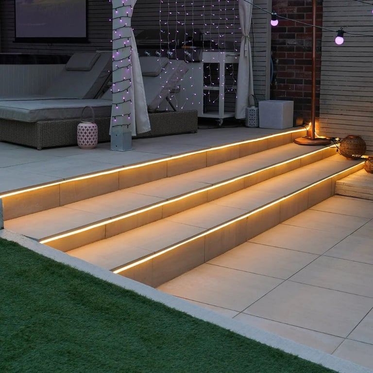 Modern patio with illuminated steps leading to house, featuring warm LED lighting along edges and contemporary outdoor furniture