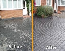 Before and after comparison of a brick driveway cleaning, showing dirty surface on left and clean, restored surface on right