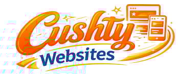 Cushy Websites logo featuring orange script text with a rocket, star, and website mockup icons on a light blue background